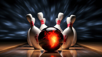Picture of bowling ball hitting pins scoring a strike. Bowling background. 