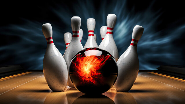 Picture of bowling ball hitting pins scoring a strike. Bowling background. 