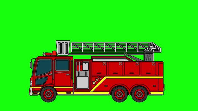 Fire Truck Car Animation, Side View, Green Screen