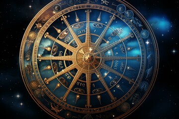 Zodiac wheel with Aquarius star sign & stars. Generative AI