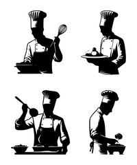 set of silhouettes of chefs cooking on isolated background