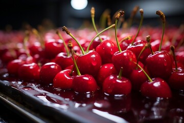 Red Cherries Freshly Picked on a Conveyor Belt.