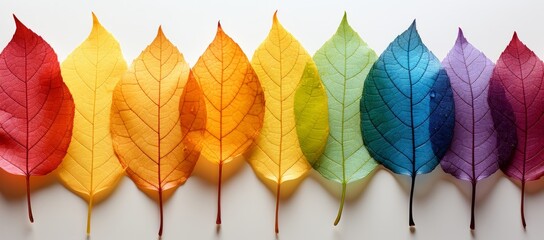 Illustration of a vibrant row of colourful leaves against a crisp white backdrop created with Generative AI technology
