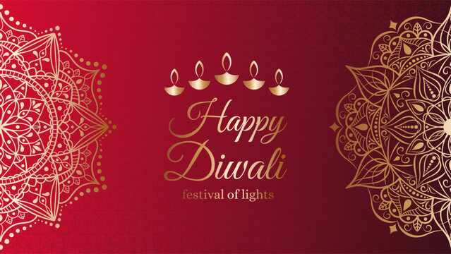 Design template for postcard, invitation, poster, flyer for Diwali - Indian festival of lights. Background with golden mandala and luxury pattern.