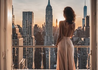 woman with laptop on balcony of new york city at sunset woman with laptop on balcony of new york city at sunset woman with a cup of coffee in the evening at the sunset - obrazy, fototapety, plakaty