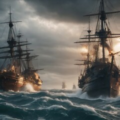 ship in the sea, war ships, battle of ships in sea, war scene of ships in sea, battle field