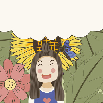 cartoon woman with butterfly sunflower nature vector illustration