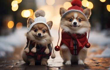 Photo of two adorable dogs dressed in cozy knitted hats and sweaters created with Generative AI technology