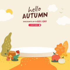 hello autumn podium sale banner illustration, vector, shopping, flash sale and big sale