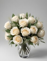 Bouquet of white roses in vase. Generative AI.