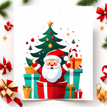 Christmas card with a blank message, colorful gifts and Christmas trees, Santa claus, white background.