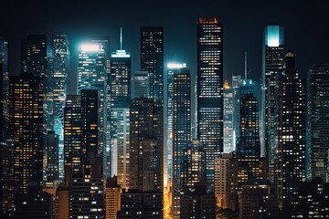 Bright skyscrapers illuminate the modern city skyline at night - obrazy, fototapety, plakaty