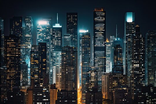 Bright skyscrapers illuminate the modern city skyline at night