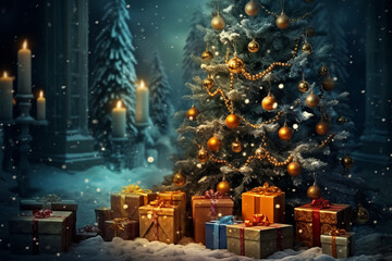 Christmas tree with gifts and Christmas decorations snowy background, Generative ai