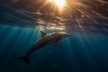 Photo of dolphin swimming amidst sun rays underwater. Generative AI
