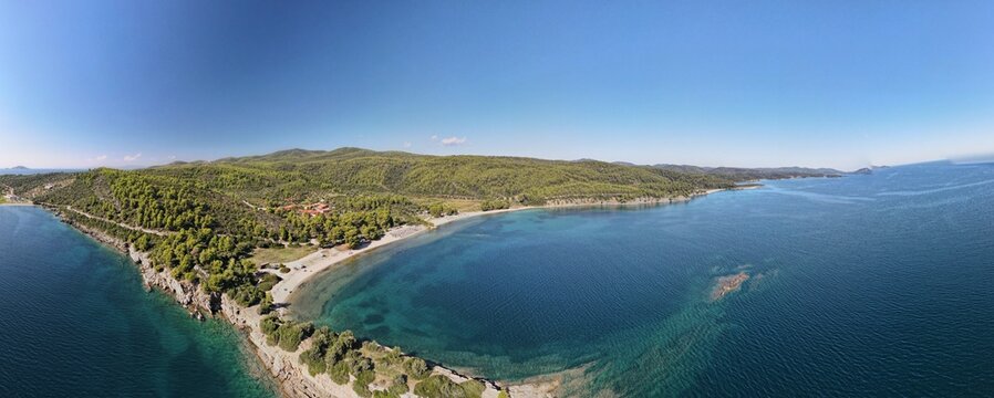 Panoramic drone photo of the tropical beach in the bay of Toroni in Halkidiki, Greeceult