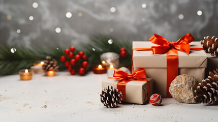 Merry Christmas decorations background with Christmas gifts, Xmas celebration created with generative