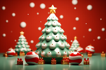 Cute 3d Christmas tree with gift presents, Xmas Background, Generative ai