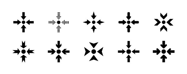 Set of pointer arrows vector icons. Arrows with direction of center. Target here. Vector 10 Eps.