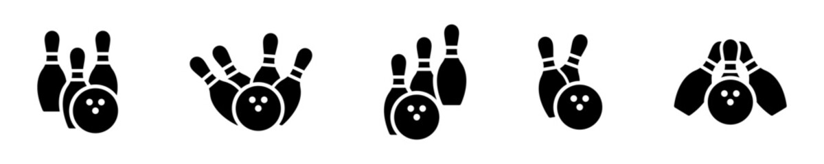 Set of bowling vector icons. Ball and pin. Skittles with ball. Vector 10 Eps.