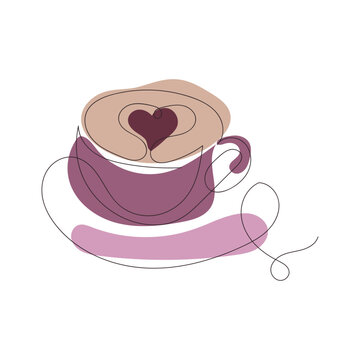 Multicolored cup of coffee with heart. Line art style. Cute colorful vector illustration	