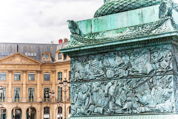 Detail of Vendome Column, built in 19th century in Place Vendôme, square in the 1st arrondissement of Paris, France