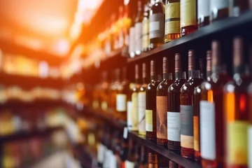 Tafelkleed Blur wine bottles on liquor alcohol shelves in supermarket store background. , Copyspace ,Generative AI. © bird_saranyoo