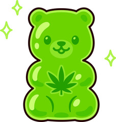 Cute cartoon CBD edible gummy bear drawing. Green candy with cannabis leaf shape. Clip art Illustration.