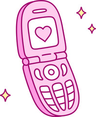 Pink retro flip phone cartoon drawing, simple and cute hand drawn illustration. Y2k aesthetic nostalgia doodle.