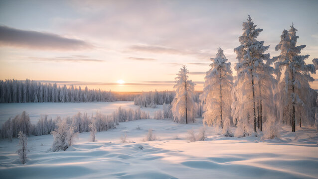 Snowy landscape at sunset, frozen trees in winter