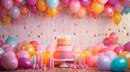  Balloons are hanging from the ceiling in a room with a cake and canddles birthday background generative ai
