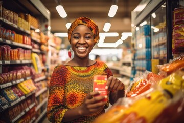 Happy african woman shopping in at Supermarket ,Generative AI.