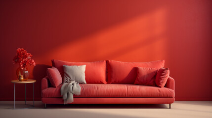 A red couch with two throw pillows
