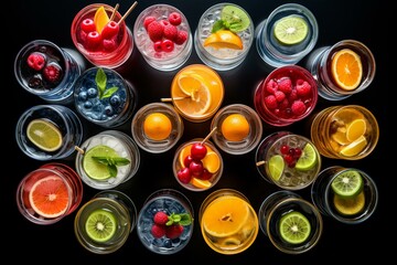 Arrangement of fruity drinks from above. Generative AI