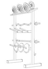 Weight Plate Storage Racks. Gym equipment on white background vector illustration. Different fitness equipment for muscle building. Workout and training concept.