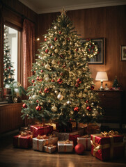 Fototapeta na wymiar Vintage Christmas Tree with Retro Ornaments and Gift Boxes - Generative AI