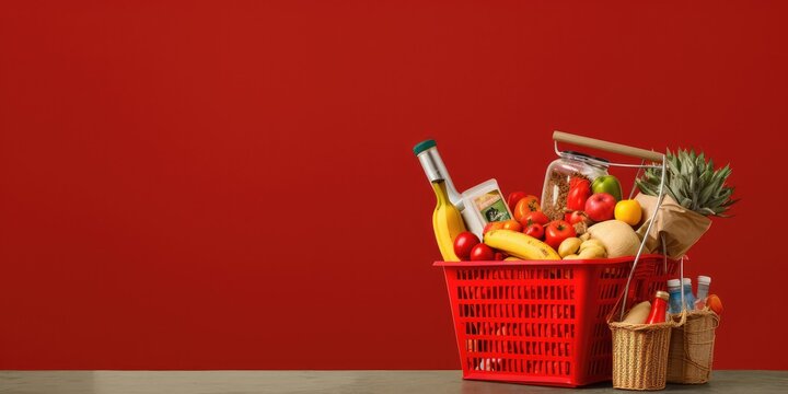 Shopping basket with fresh food on blur background grocery supermarket,Copy space,Generative AI.