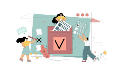 Elections. Online voting. People throw ballots into the ballot box. Vector flat illustration on white background