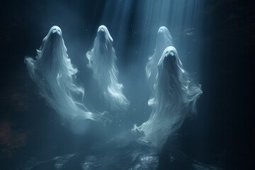 A wide shot of scary ghosts in an abstract deep blue background