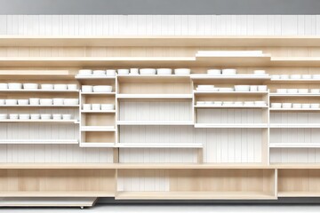 White laminated hardwood goods shelves for use in retail store displays or product showcasing.