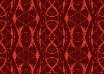 Hand-drawn unique abstract symmetrical seamless ornament. Bright red on a deep red background. Paper texture. Digital artwork, A4. (pattern: p10-4b)