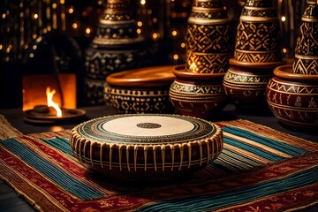 Tabla, an ethnic instrument, is used inside the chill-out. - obrazy, fototapety, plakaty