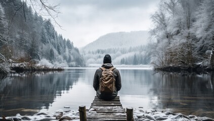 peaceful alone male man adult traveller sit casual relax on wooden deck at the end of deck with stunning reflecting lake with winter snow cold temperature scenery forest lake background - obrazy, fototapety, plakaty