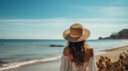 Fototapeta na wymiar rear view of travel influencer vlogger woman walking along near beach sand seaside travel concept daylight moment