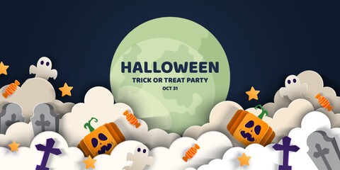Happy Halloween banner or party invitation background in paper cut style.