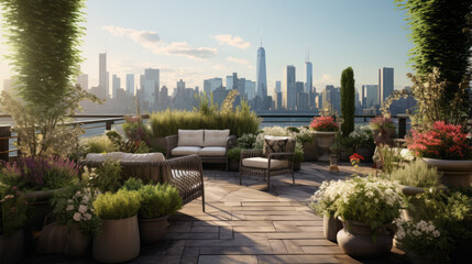 A rooftop terrace garden with raised planters, a pergola, and panoramic cityscape vistas