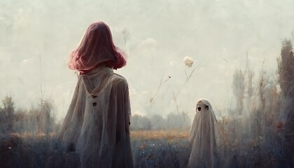 figure a Ghost wearing textured burlap cloak 05 figure b pink haired girl with white shoes looks on unafraid 10 wisps of magic in air leica photography no text  - obrazy, fototapety, plakaty