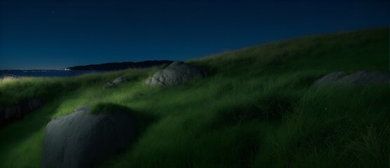  Grass on rocky cliff at night from Generative AI