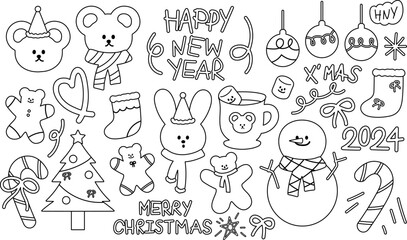 Christmas outlines of teddy bear, bunny, tree, snowman, stocking, ribbon, gingerbread man, candy cane, snow for winter sticker, tattoo, colouring book, print, card, cartoon character, cute patches