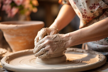 Potter's hands making a clay product. Close-up of a woman's hands in a ceramic workshop working with clay on a potter's wheel. Generative AI